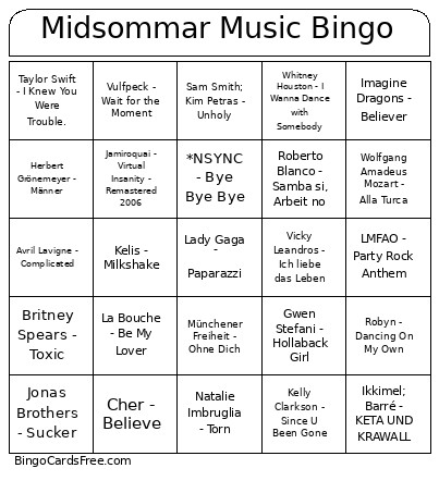 Midsommar Music Bingo Card