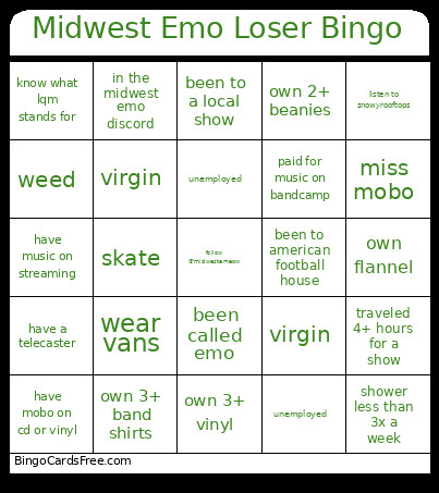 Midwest Emo Loser Bingo Card
