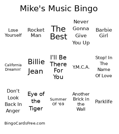 Mike's Music Bingo Card