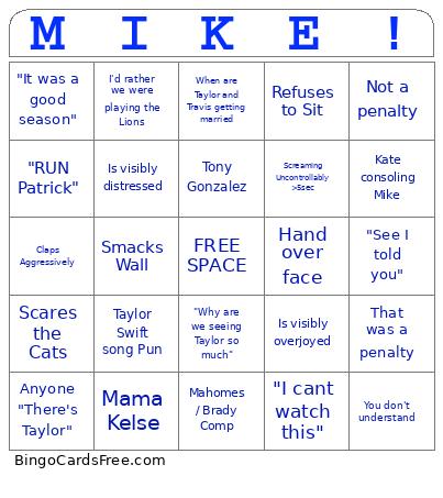 Mikes Superbow-isms Bingo Cards Free Pdf Printable Game, Title: MIKE!