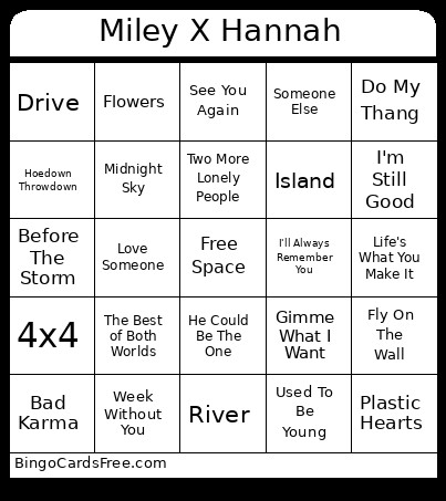 Miley X Hannah Bingo Card