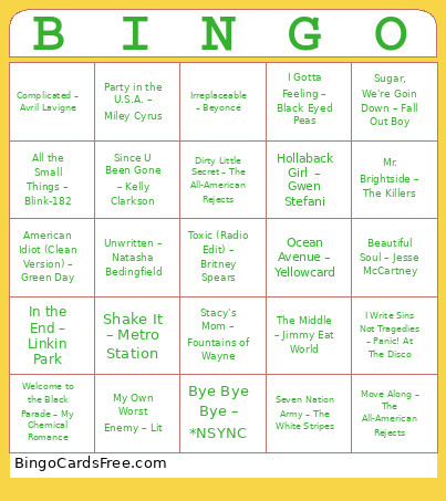 Millenial Mixtape Musical Bingo Card