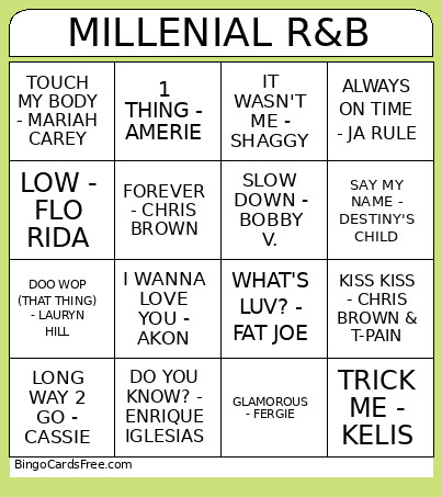 MILLENIAL R&B Bingo Card