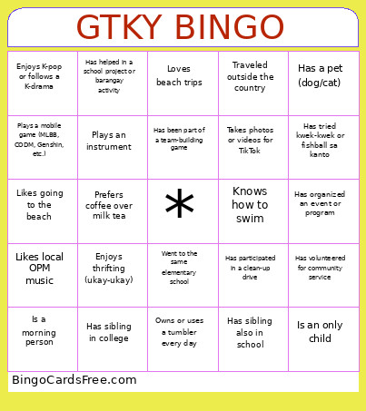 MIND CHECK GTKY Bingo Card