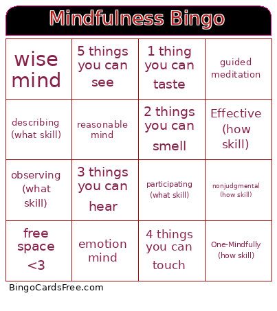 Mindfulness Bingo Card
