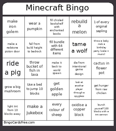 Minecraft Bingo Card