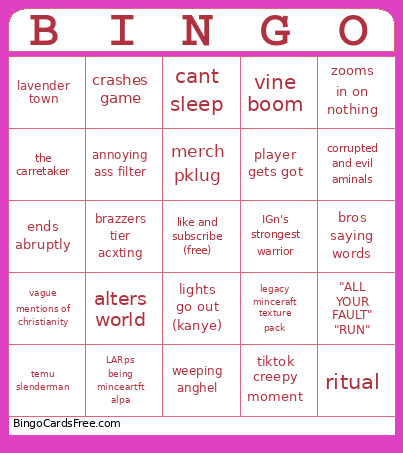 Minecraft Horrorslop Bingo Card