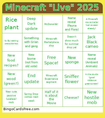 Minecraft Live 2025 Bingo Card