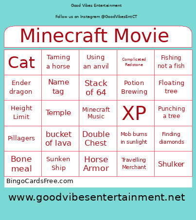 Minecraft Movie Bingo Card
