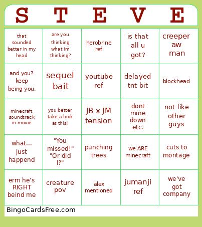 Minecraft Movie Bingo Card