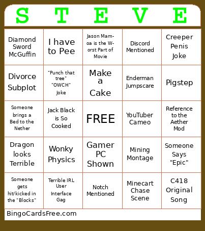 Minecraft Movie Bingo Cards Free Pdf Printable Game, Title: STEVE