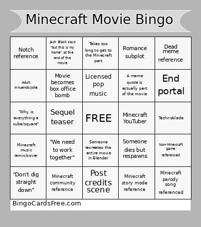 Minecraft Movie Bingo Card 6