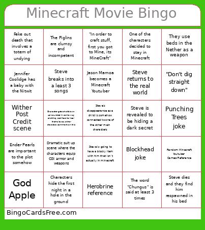 Minecraft Movie Bingo Card