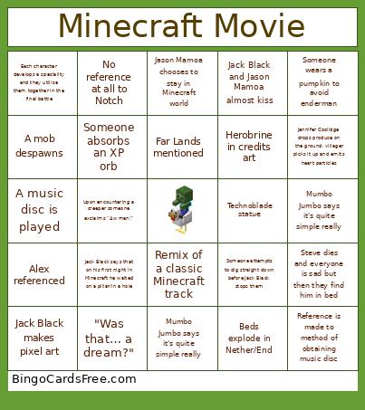 Minecraft Movie Bingo Card 2