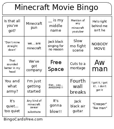 Minecraft Movie Bingo Card 3