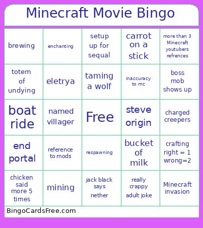 Minecraft Movie Bingo Card