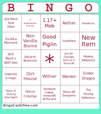 Minecraft Movie Bingo Card
