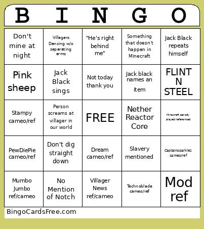 Minecraft Movie Bingo Card 2