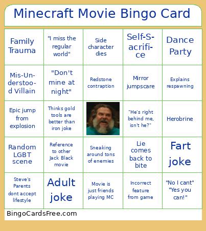 Minecraft Movie Bingo Card Free Pdf Printable Game, Title: Minecraft Movie Bingo Card