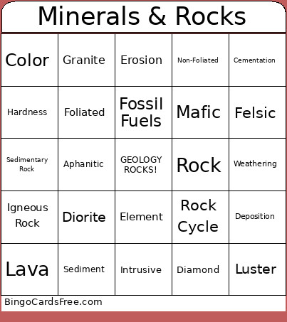 Minerals And Rocks Bingo Card