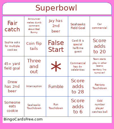 MineSuperbowl Bingo Card