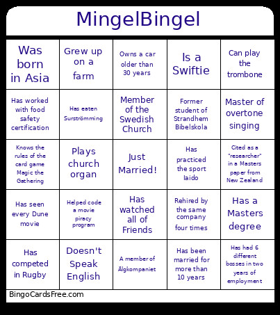 MingelBingel Bingo Card