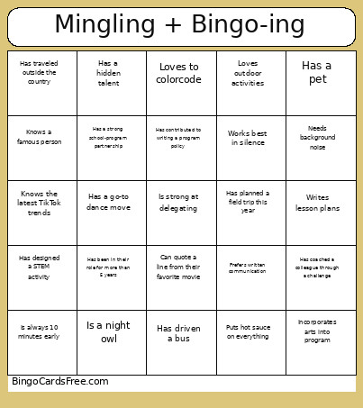 Mingling + -ing Bingo Card