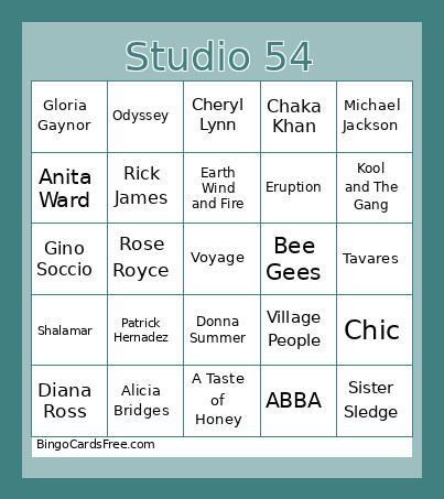 Mingo Studo 54 Bingo Card