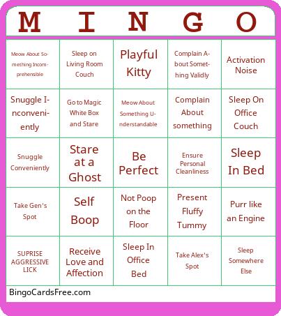 Mini the Cat Bingo Cards Free Pdf Printable Game, Title: MINGO