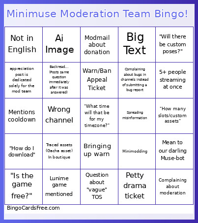 Minimuse Moderation Team ! Bingo Card