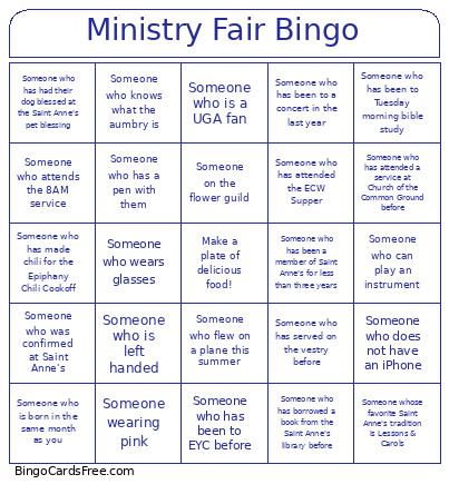 Ministry Fair Bingo Card