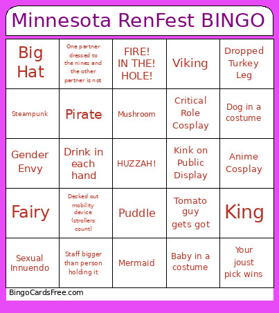 Minnesota RenFest Bingo Card