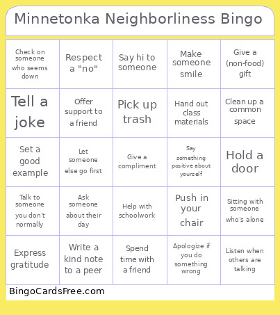 Minnetonka Neighborliness Bingo Card
