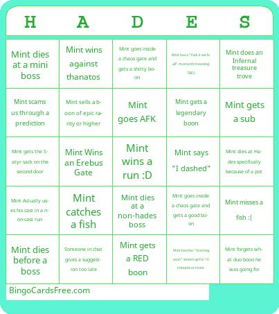 Mint Muffled stream bingo Cards Free Pdf Printable Game, Title: HADES