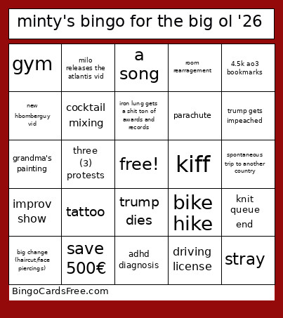 Minty's For The Big Ol '26 Bingo Card