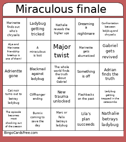 Miraculous Nemesis Finale Bingo Card