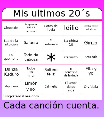 Mis Ultimos 20´s Bingo Card