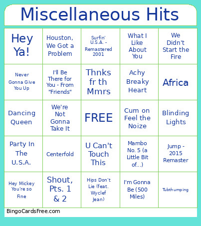 Miscellaneous Hits Bingo Card