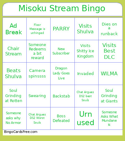 Misoku Stream Bingo Card