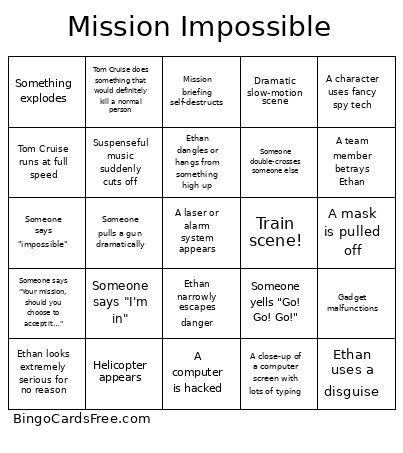 Mission Impossible Bingo Card