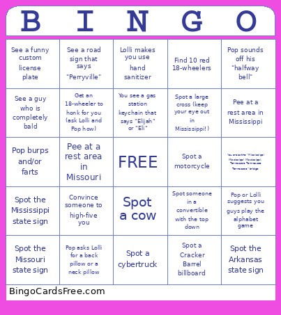 Missouri Roadtrip Bingo Card