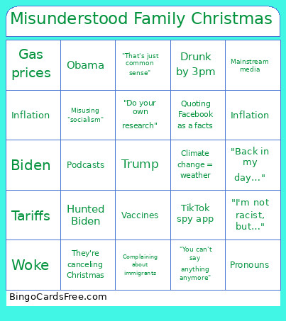 Misunderstood Family Christmas Bingo Card