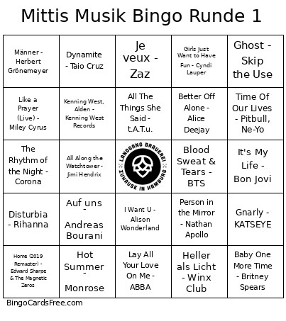 Mittis Musik Runde 1 Bingo Card