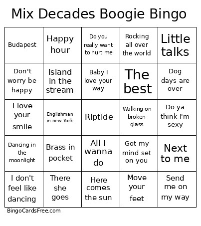 Mix Decades Boogie Bingo Card