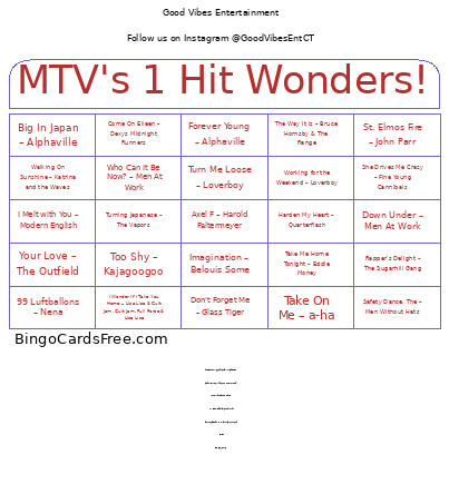 Mixtape : 80's MTV 1 Hit Wonders! Bingo Card