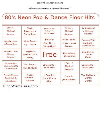 Mixtape : 80's Neon Pop & Dance Floor Hits Bingo Card