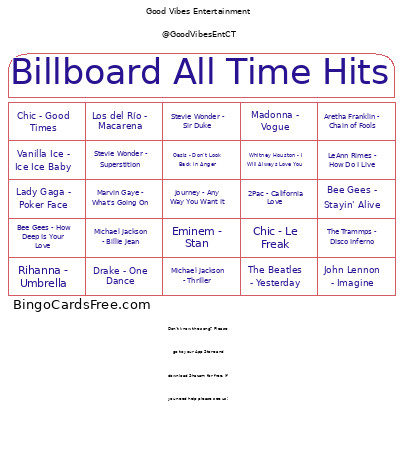 Mixtape : Billboard All Time Hits Bingo Card