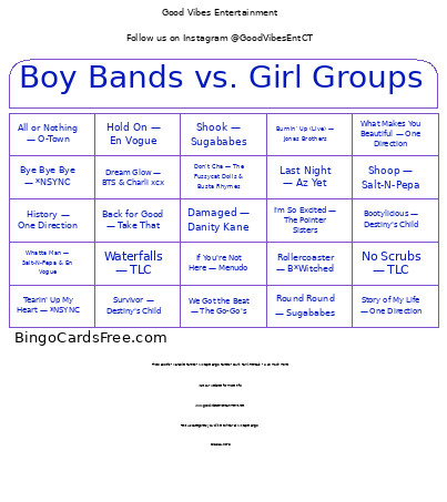 Mixtape : Boy Bands Vs Girl Groups Bingo Card