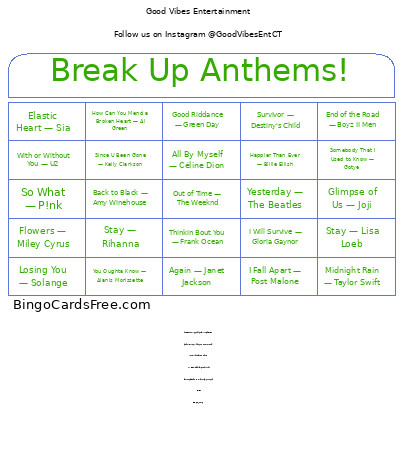 Mixtape : Break Up Anthems! Bingo Card