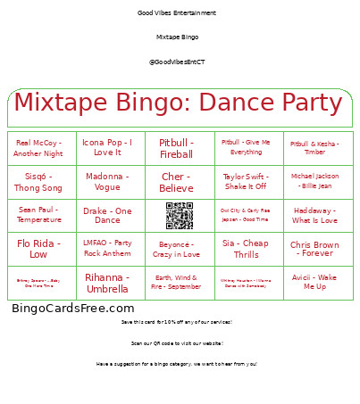 Mixtape : Dance Party Bingo Card